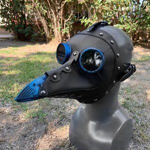 Grey Leather Plague Doctor with BLUE Goggles Masquerade Venetian Party Mask